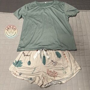 Green pajamaTop and Patterned Shorts Set